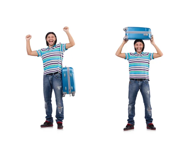 Jongeman reist met koffers geïsoleerd op wit — Stockfoto