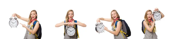 Kvinna student saknade deadlines isolerad på vitt — Stockfoto