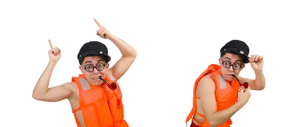 Homem engraçado vestindo colete de segurança laranja — Fotografia de Stock