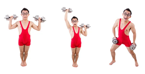 Funny guy with dumbbels on white — Stock Photo, Image