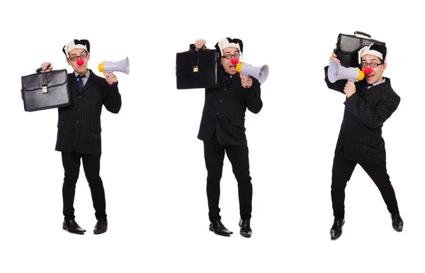 Businessman clown with loudspeaker on white — Stock Photo, Image