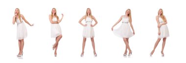 Beyaz elbiseli güzel kadın yalnız başına.