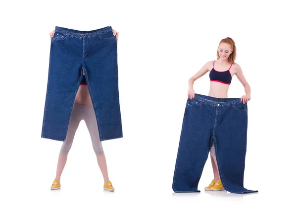 Kobieta z dużymi dżinsami w koncepcji diety — Zdjęcie stockowe
