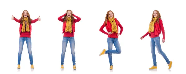 Menina sorridente bonito em casaco vermelho e jeans isolado em branco — Fotografia de Stock