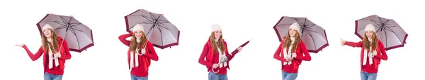 Młoda kobieta z parasolem na białym — Zdjęcie stockowe