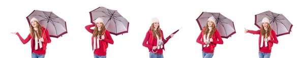 Jeune femme avec parapluie sur blanc — Photo