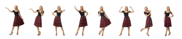 Beautiful young woman in plaid dress isolated on white — Stock Photo, Image