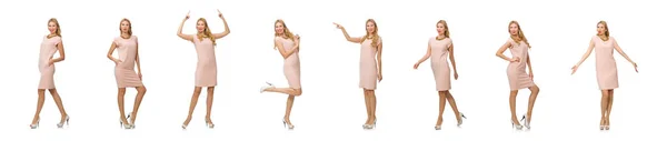 Mooie dame in roze jurk geïsoleerd op wit — Stockfoto