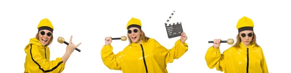 Kvinna i gul kostym isolerad på vit — Stockfoto
