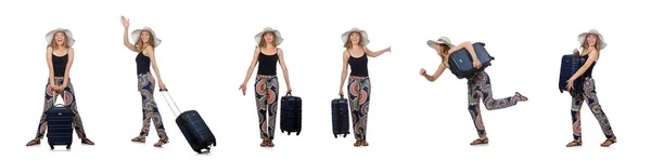 Mulher pronta para viajar de verão isolado em branco — Fotografia de Stock