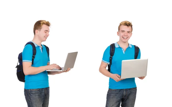 Student met laptop geïsoleerd op wit — Stockfoto