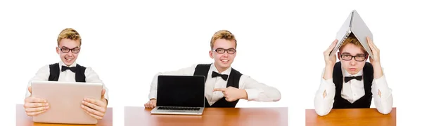 Studente intelligente seduto con laptop isolato su bianco — Foto Stock