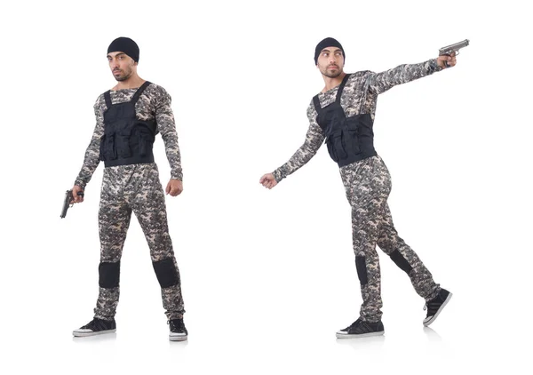 Soldat en camouflage avec pistolet sur blanc — Photo