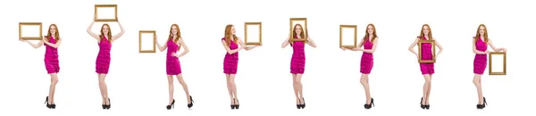 Woman with picture frame on white — Stock Photo, Image