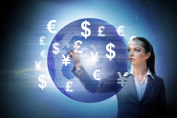 Concepto global de transferencia e intercambio de dinero con empresaria —  Fotos de Stock