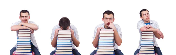 Étudiant avec beaucoup de livres sur le blanc — Photo