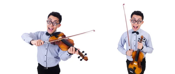 Uomo divertente con violino su bianco — Foto Stock