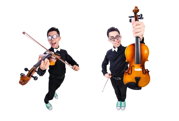 Uomo divertente con violino su bianco — Foto Stock