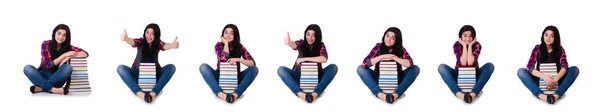 Junge Studentin mit Büchern auf Weiß — Stockfoto