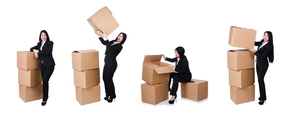 Mulher com muitas caixas em branco — Fotografia de Stock