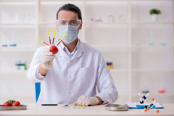 Erkek beslenme uzmanı gıda ürünlerini laboratuarda test ediyor. — Stok fotoğraf