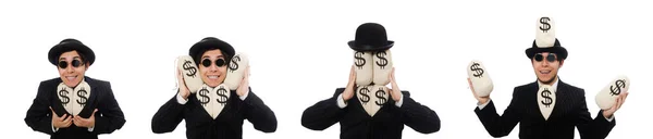 Jonge werknemer houdt geld zakken geïsoleerd op wit — Stockfoto