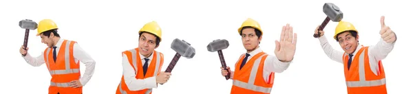 建筑工人用铁锤在白色上隔离 — 图库照片
