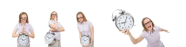 Joven empleado sosteniendo reloj despertador aislado en blanco —  Fotos de Stock