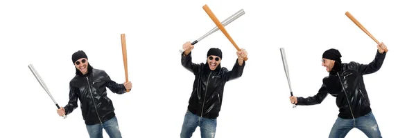 Homem agressivo com bastão de beisebol no branco — Fotografia de Stock