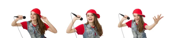 Hezká dívka zpívá karaoke izolované na bílém — Stock fotografie