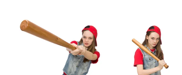 Söt flicka håller basebollträ isolerad på vit — Stockfoto