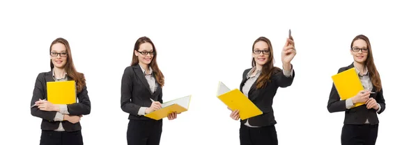 Werkster met papier geïsoleerd op wit — Stockfoto