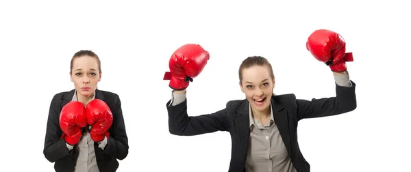 Mujer de negocios con guantes de boxeo aislados en blanco —  Fotos de Stock