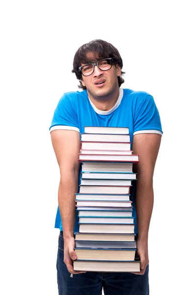 Mannelijke student met veel boeken geïsoleerd op wit — Stockfoto