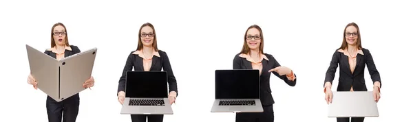 Señora trabajadora con portátil aislado en blanco — Foto de Stock