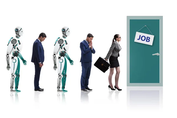 Kobieta mężczyzna i robot konkurują o pracę — Zdjęcie stockowe