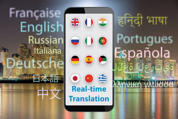 Conceito de tradução em tempo real com aplicativo smartphone - renderização 3d — Fotografia de Stock