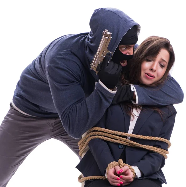 Ontvoerder met gebonden vrouw geïsoleerd op wit — Stockfoto