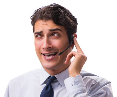 Kulaklıklı adam beyaz arkaplanda izole edilmiş.