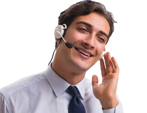 Homem com fone de ouvido isolado no fundo branco — Fotografia de Stock