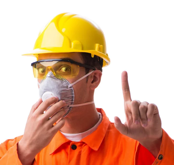 Bauarbeiter mit Schutzmaske isoliert auf weiß — Stockfoto