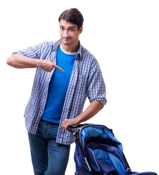 Papá joven con cochecito aislado en blanco — Foto de Stock