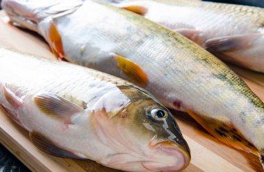 Yemek hazırlama kavramında tahtanın üzerinde pişmemiş balık