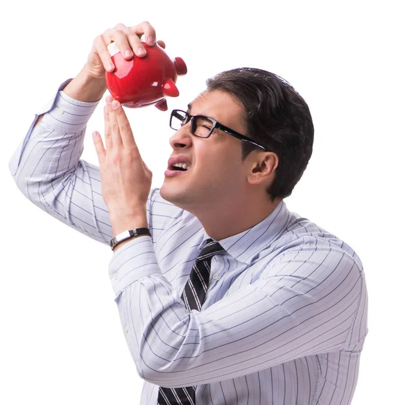 Junger Geschäftsmann mit Sparschwein auf weißem Hintergrund — Stockfoto