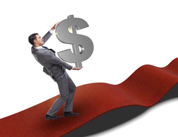 Zakenman met dollars op rode loper - witte achtergrond isolat — Stockfoto