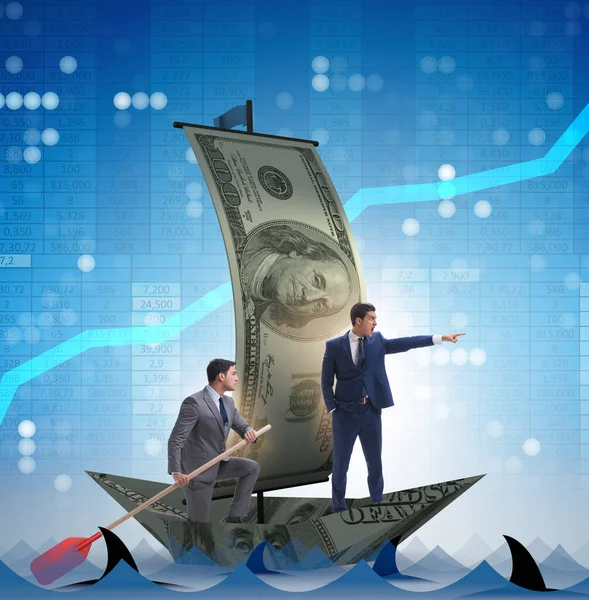 Affärsman rodd på dollarbåt i business financial koncept — Stockfoto