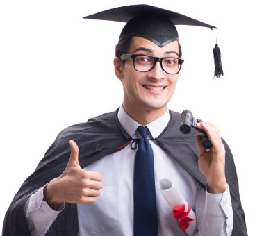 Öğrenci mezunu beyaz arka planda izole edilmiş