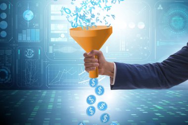 Data monetization concept with funnel and businessman clipart