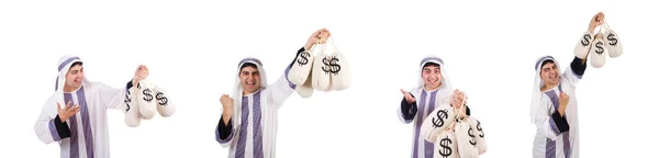 Arab man with money sacks isolated on white — Stock Photo, Image