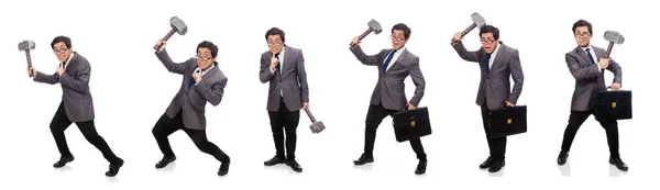 Business man holding hammer isolated on white — Stock Photo, Image